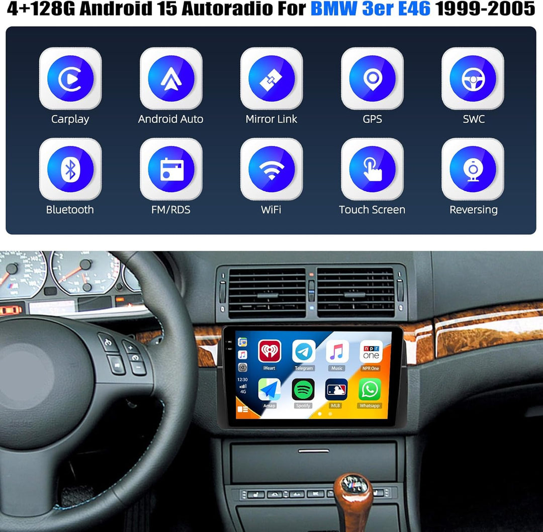 CAMECHO 4+128G 9 Zoll Android 15 Navi Autoradio für BMW 3er E46 1999-2005, E46 Radio Bluetooth mit G