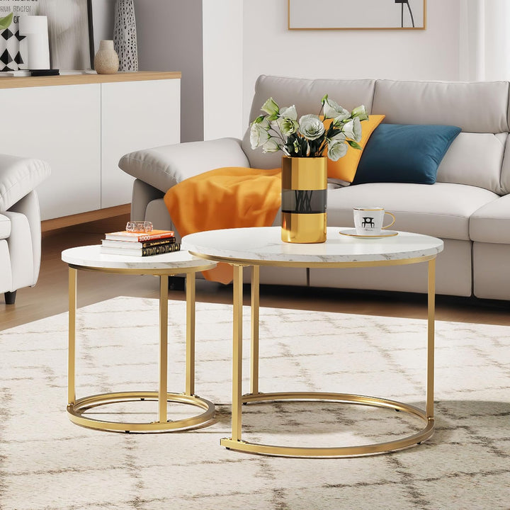 YITAHOME Couchtisch 2er Set Rund, Wohnzimmertisch Modern, Stapelbar, mit Stauraum, Holzplatte, Metal