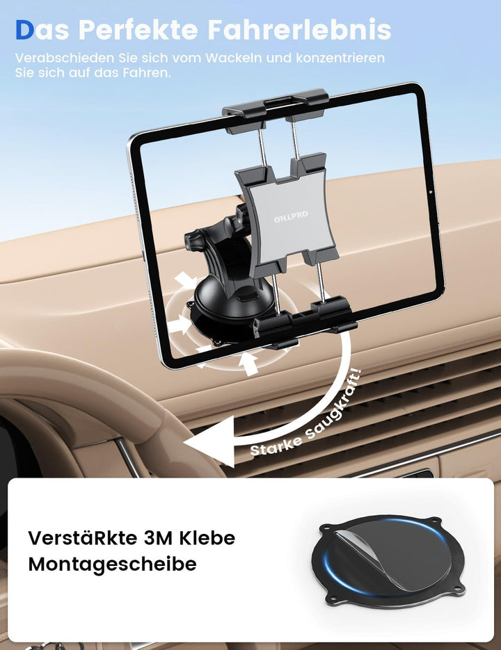 OHLPRO Tablet Halterung Auto,360° Drehung Tablethalterungen 18cm Ausziehbare Arm+ Waschbar Saugnapf,