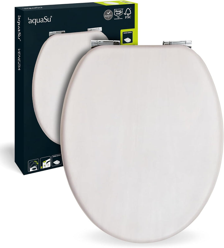 'aquaSu® Holz WC-Sitz mit Absenkautomatik Venezia Weiss gekalkt, Schnellbefestigung, Metallscharnier