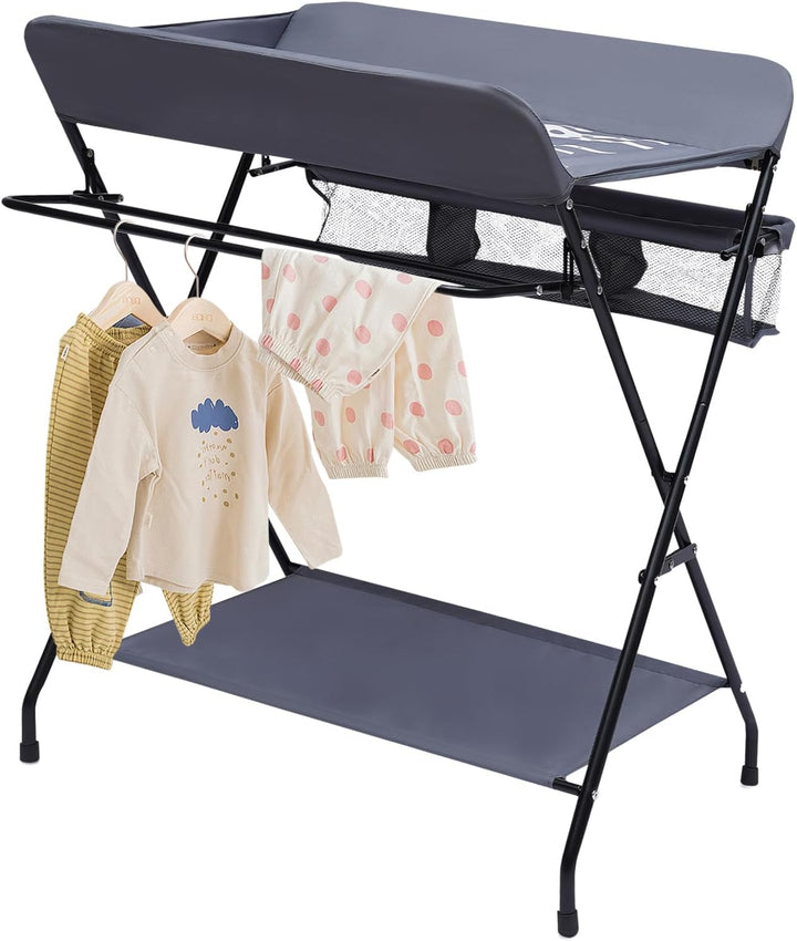 Baby Wickelkombi, Klappbare Wickelkommode, Wickeltisch mit Wickelauflage, Sicherheitsgurt und Ablage