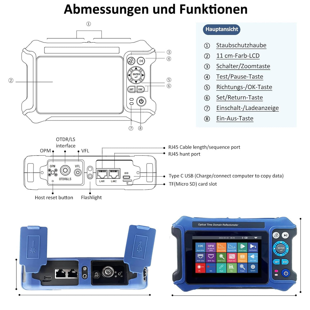 16-in-1 OTDR Optical Fiber Tester 1310/1550nm, 11cm Touchscreen und Event Map OLT (Optical Loss Test