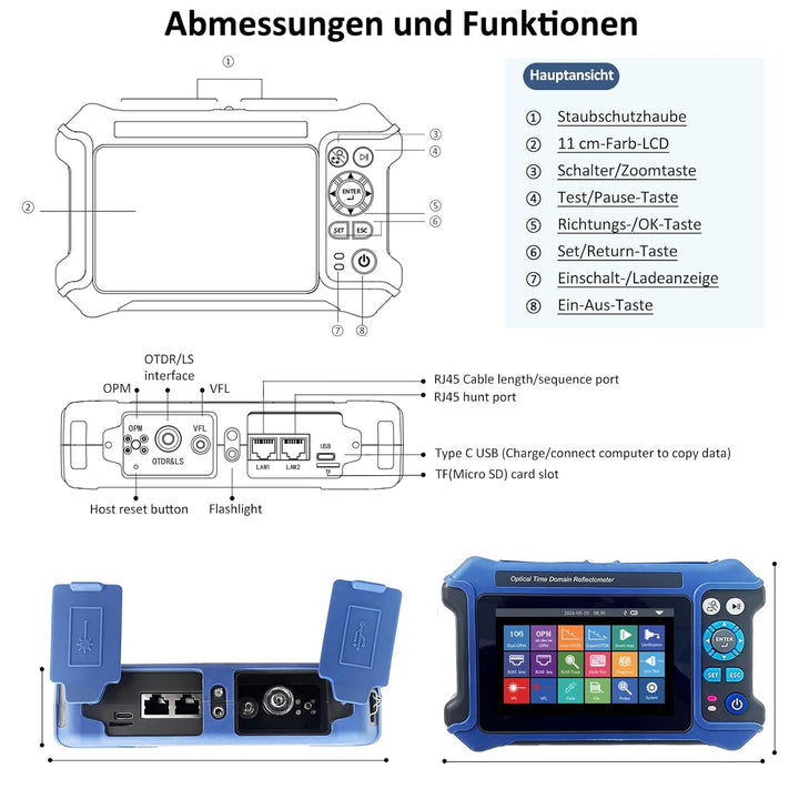 16-in-1 OTDR Optical Fiber Tester 1310/1550nm, 11cm Touchscreen und Event Map OLT (Optical Loss Test