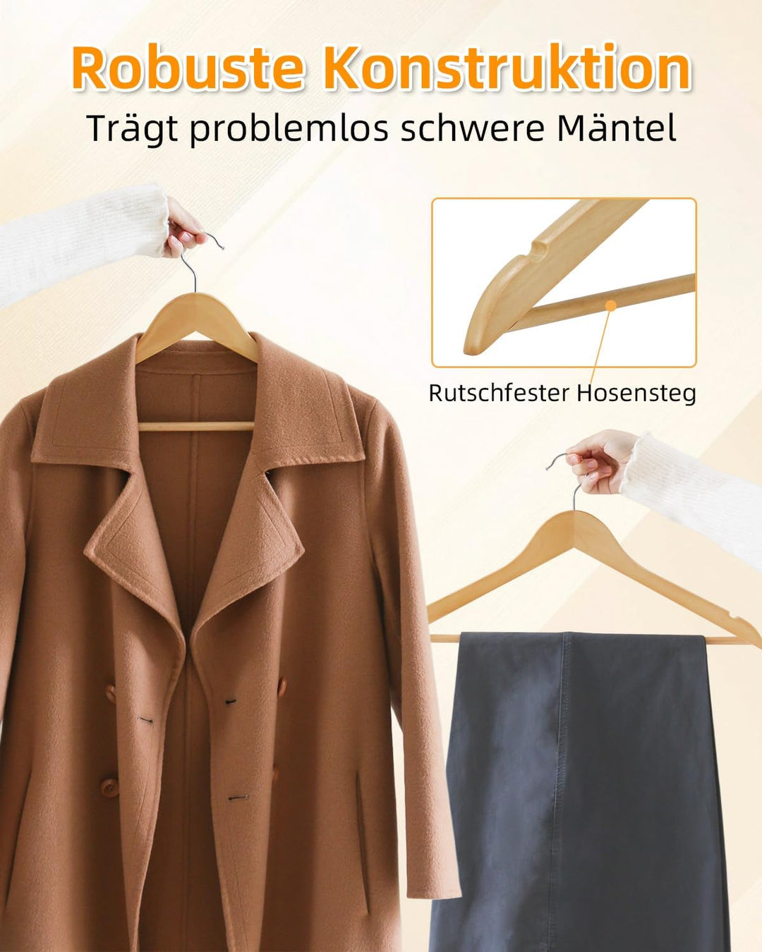 Hangerman Kleiderbügel Holz 20er Set, Massivholz Kleiderbügel mit rutschfestem Hosensteg, Einkerbung