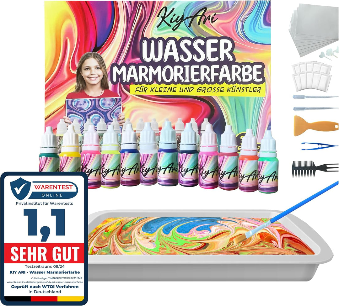KIYARI Wassermarmorierfarben Set, Malset für Kinder mit 10 A3 Blättern | Wassermarmorierfarben Set,