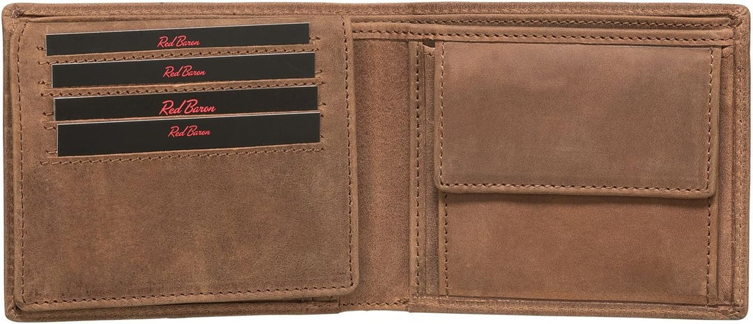 Red Baron Portemonnaie Geldbörse Herren Used Look Vintage Braun - mit Fach für EIN Einkaufswagenchip