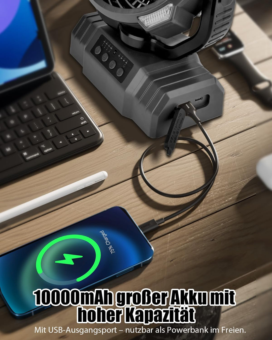 Timiyou Camping Ventilator,10000mAh Tischventilator Sehr Leise mit Licht,Fernbedienung,Powerbank,4 G