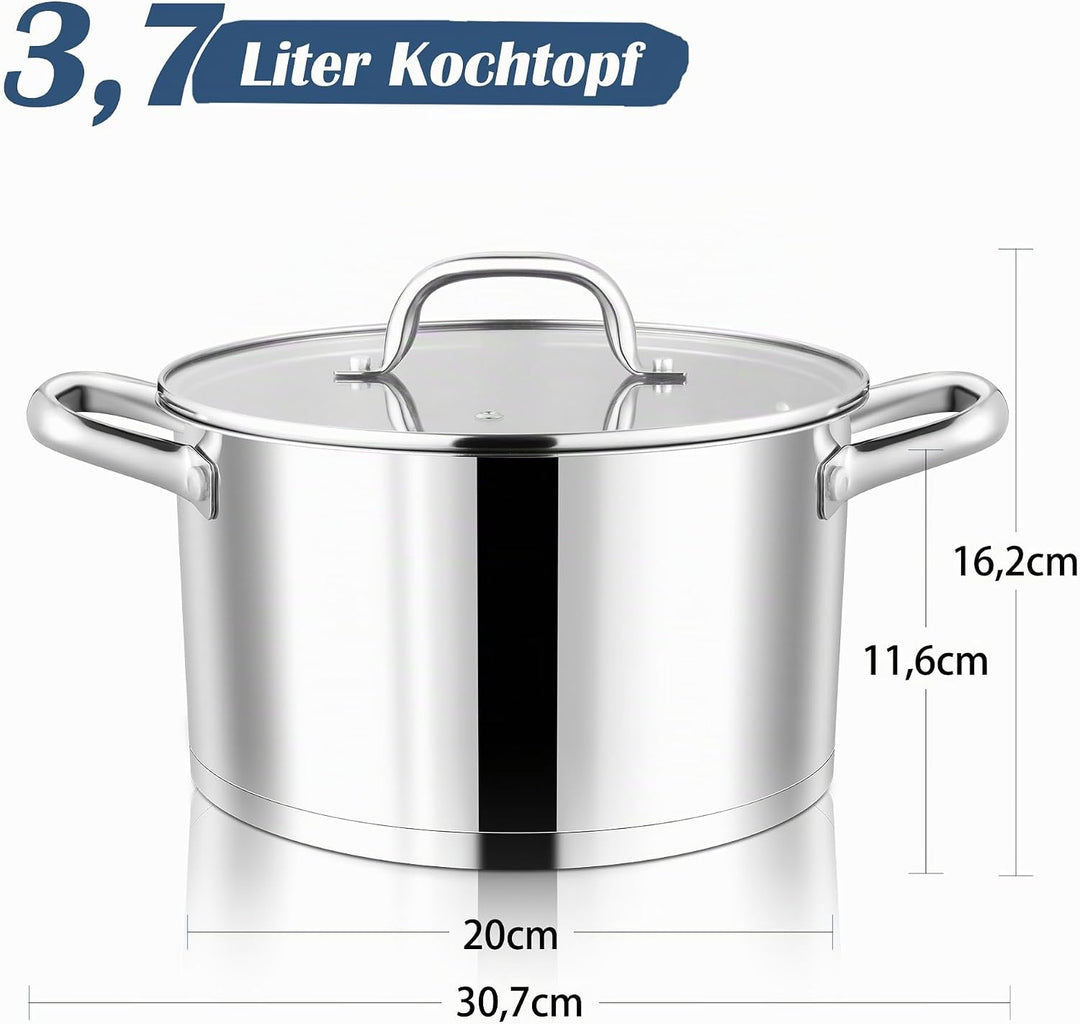Joyfair 20cm Kochtopf, 3-Lagiger Boden Edelstahl Topf mit Glasdeckel, Suppentopf Induktion für alle