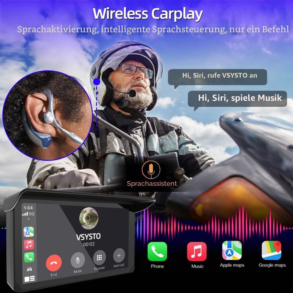 VSYSTO CP5 Motorrad Carplay Bildschirm, Kabelloses CarPlay und Android Auto, 5 Zoll Wasserdichtem To