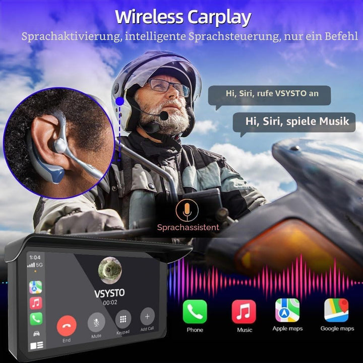 VSYSTO CP5 Motorrad Carplay Bildschirm, Kabelloses CarPlay und Android Auto, 5 Zoll Wasserdichtem To