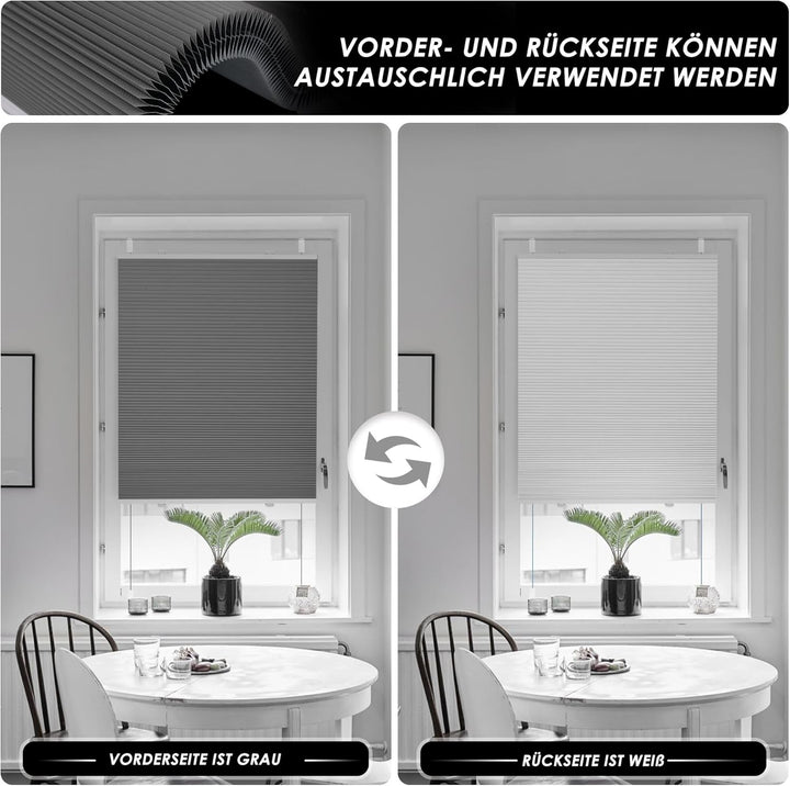 Allesin Wabenplissee ohne Bohren Verdunklung Thermo Doppelplissee Klemmfix Zweifarbig Grau-weiss 50x