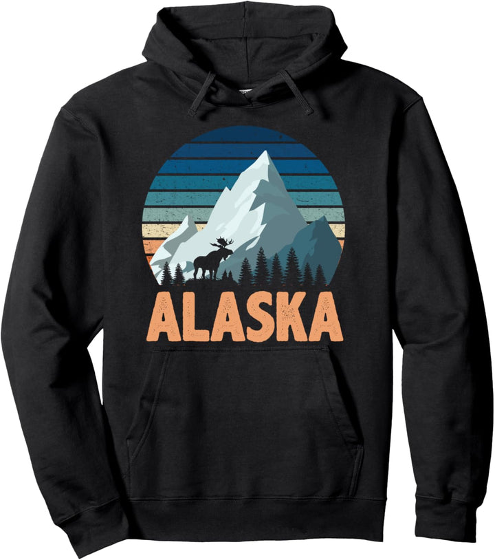 Retro Alaska AK Juneau Mountains Wildlife Moose Alaska Pullover Hoodie