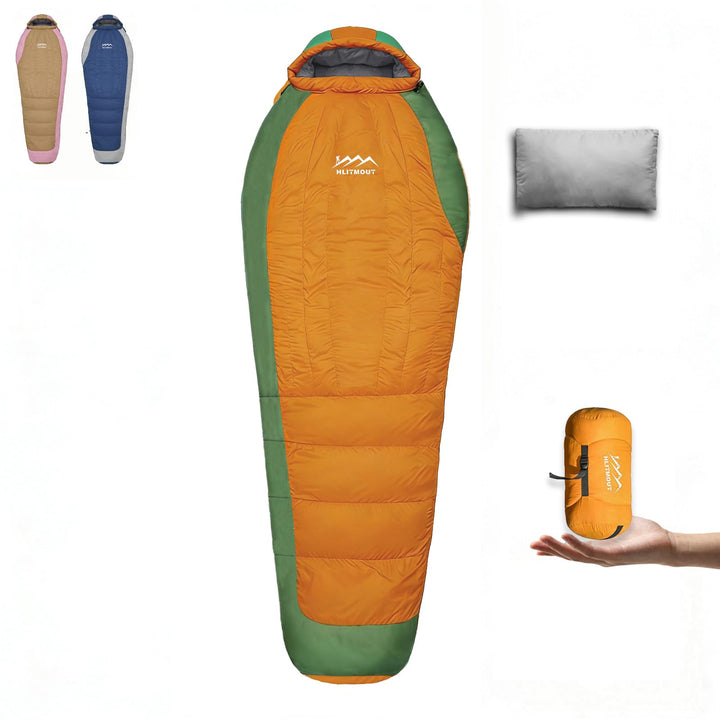 Ultraleicht Daunenschlafsack mit Kissen, Kleiner Leichter Sommer Schlafsack 680FP für Erwachsene und