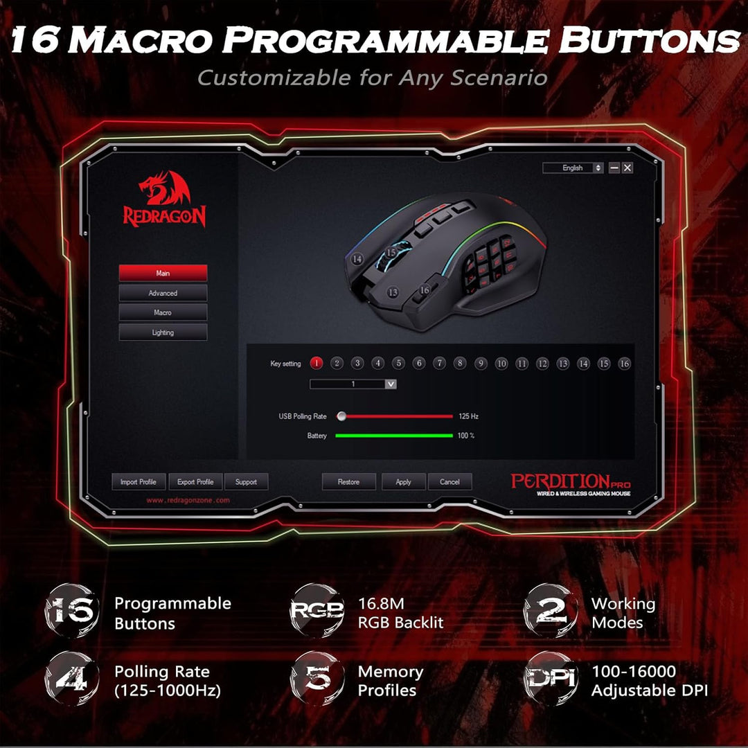 Redragon Wireless Gaming Maus RGB, 16000 DPI, Optische 2.4G/USB-C MMO Maus mit 16 Programmierbaren T