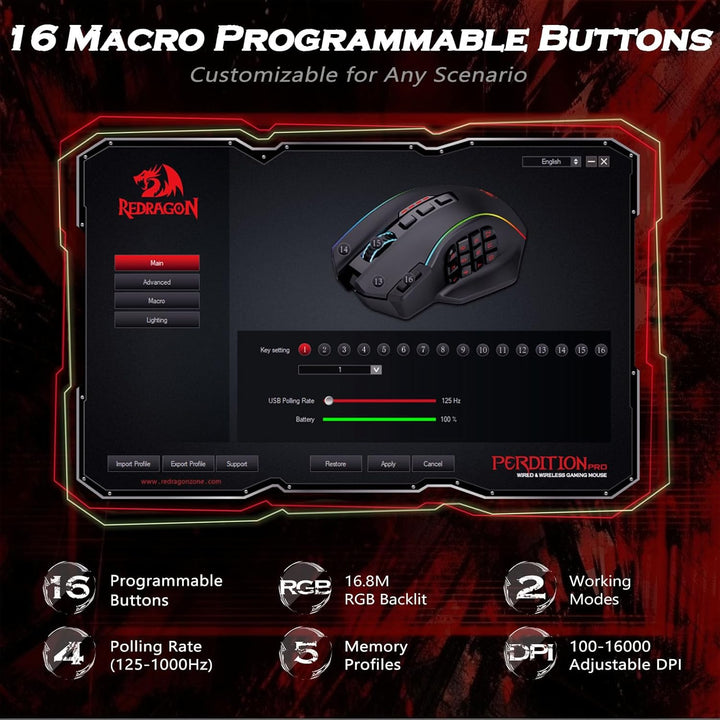 Redragon Wireless Gaming Maus RGB, 16000 DPI, Optische 2.4G/USB-C MMO Maus mit 16 Programmierbaren T