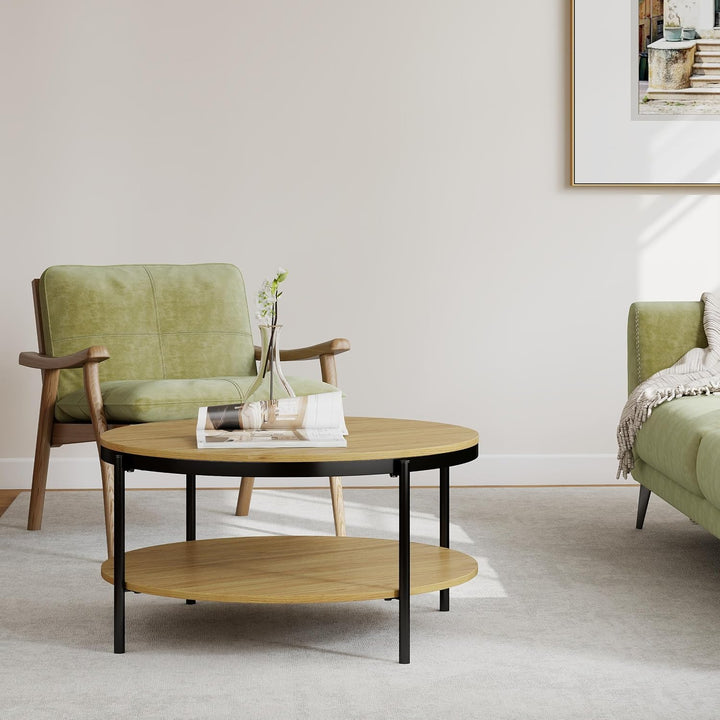 Manora Couchtisch Rund Holz, Runder wohnzimmertisch Klein 80 cm,Sofatisch mit stauraum 2 Ebenen, Eic