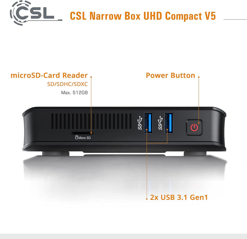 Mini PC CSL Narrow Box Ultra HD Compact v5 Windows 10 Home lüfterlos, Intel Celeron N5100 4x2800MHz,