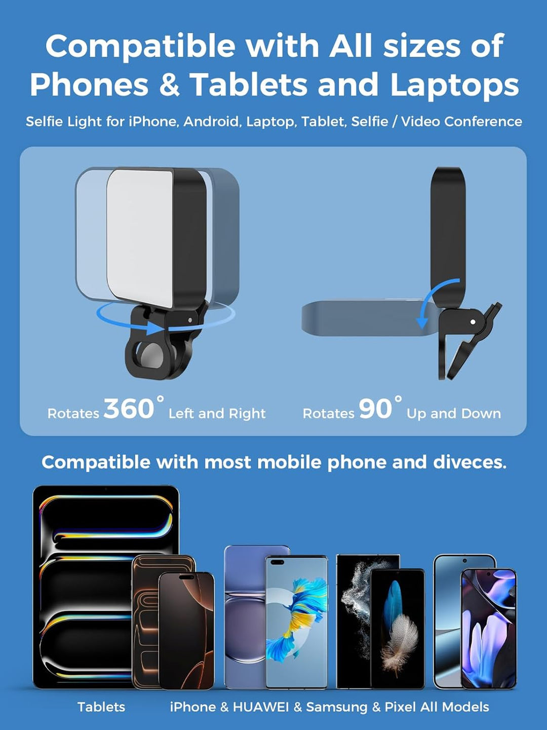 Smiling Shark Selfie Lampe, Handylicht Aufladbar Kompakt & Ultraleicht mit verstellbarem Winkel 3 Fa