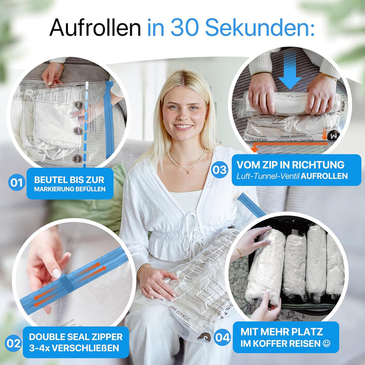 Vakuumbeutel für Kleidung Reise zum Rollen [8 Stück] X-Large (50x70 cm) - grosse Rucksack Kompressio