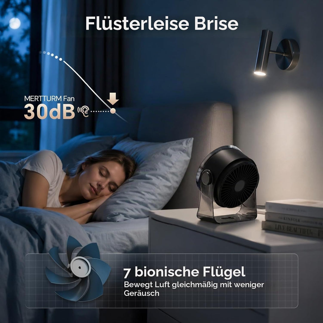 MERTTURM USB Tischventilator Leise mit Turbo Luftstrom, Max 11Std Laufzeit, Windgeschwindigkeiten 1-