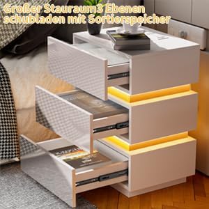 PIPIPOXER 2er Set Nachttisch Weiss, Nachttisch mit Led Steckdose & USB, Nachttisch 3 Schubladen 16 F