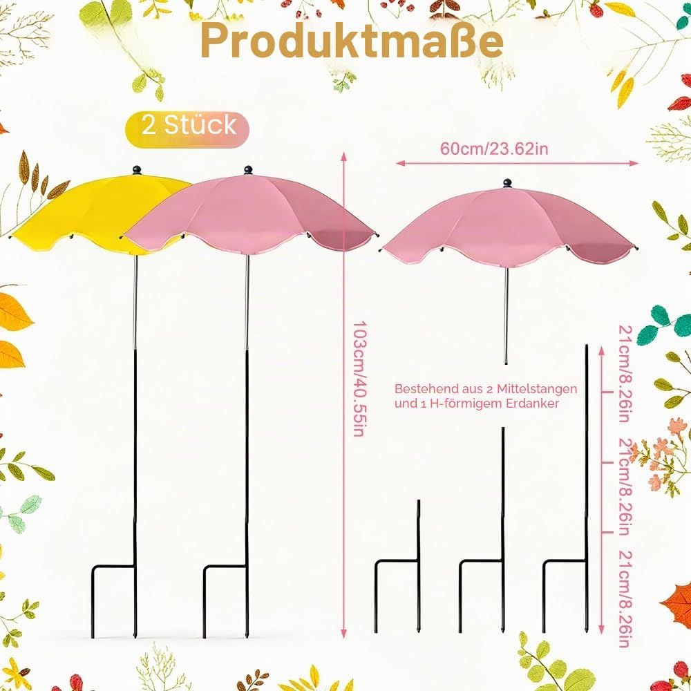 2 Stück Pflanzenschirm, Mini Sonnenschirm für Pflanzen, Sonnenschutz für Pflanzen Ø 60 cm, Verstellb