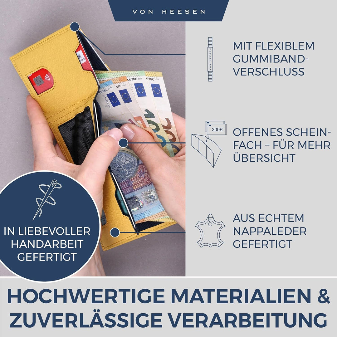 VON HEESEN Slim Wallet mit XL Münzfach & RFID-Schutz - Leder Geldbeutel - Mini Geldbörse für Herren