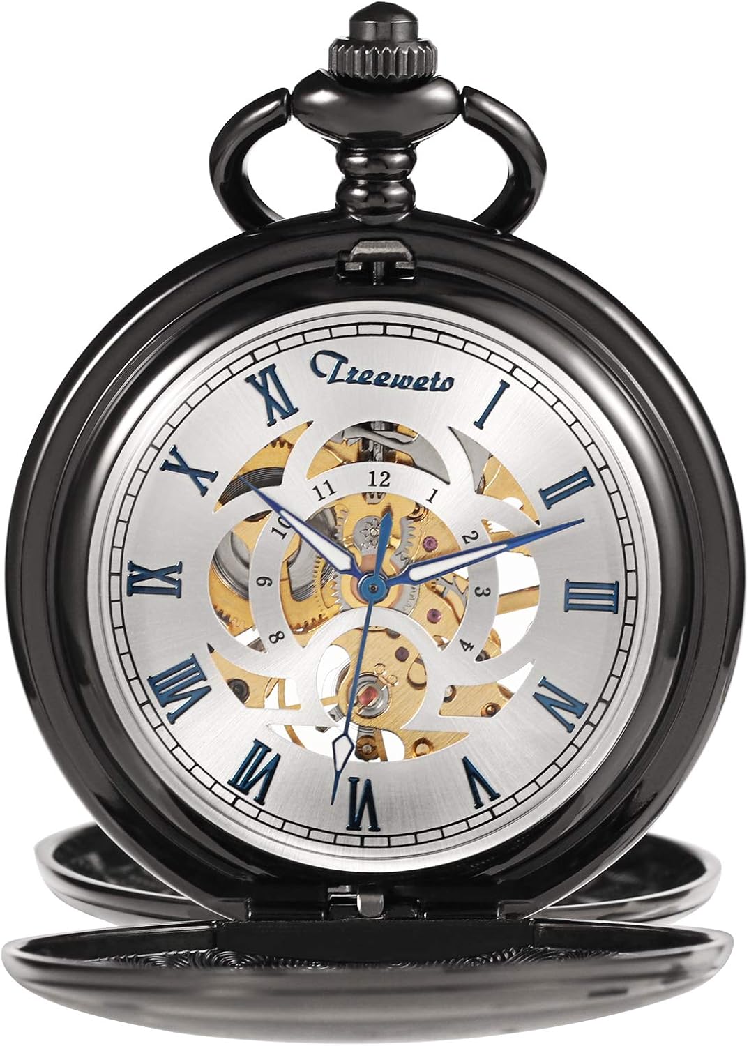 TREEWETO Taschenuhr Unisex Taschenuhr mit Kette Analog Mechanisch Handaufzug Doppelscharnier Antik R