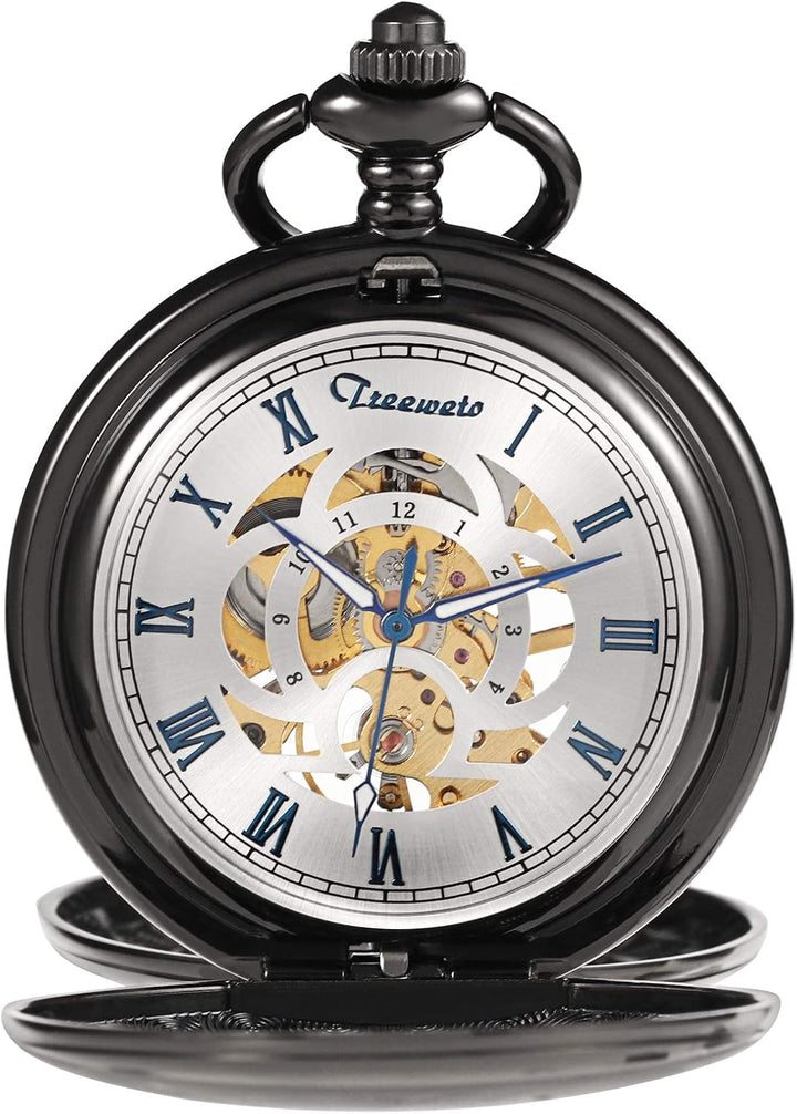 TREEWETO Taschenuhr Unisex Taschenuhr mit Kette Analog Mechanisch Handaufzug Doppelscharnier Antik R