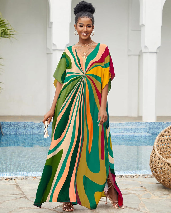 Bsubseach Damen Strandkleid Ethnic Print Kaftan Beach Maxi Kleider Grüne Geometrie, Grüne Geometrie