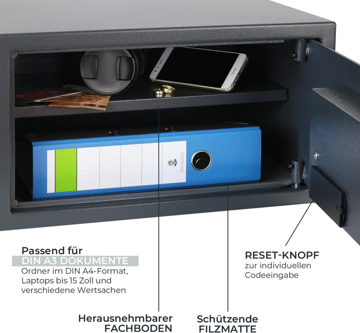 HMF Tresor passend für 15 Zoll Laptop und Ordner, Möbeltresor Laptopsafe Safe 450 x 250 x 365 mm