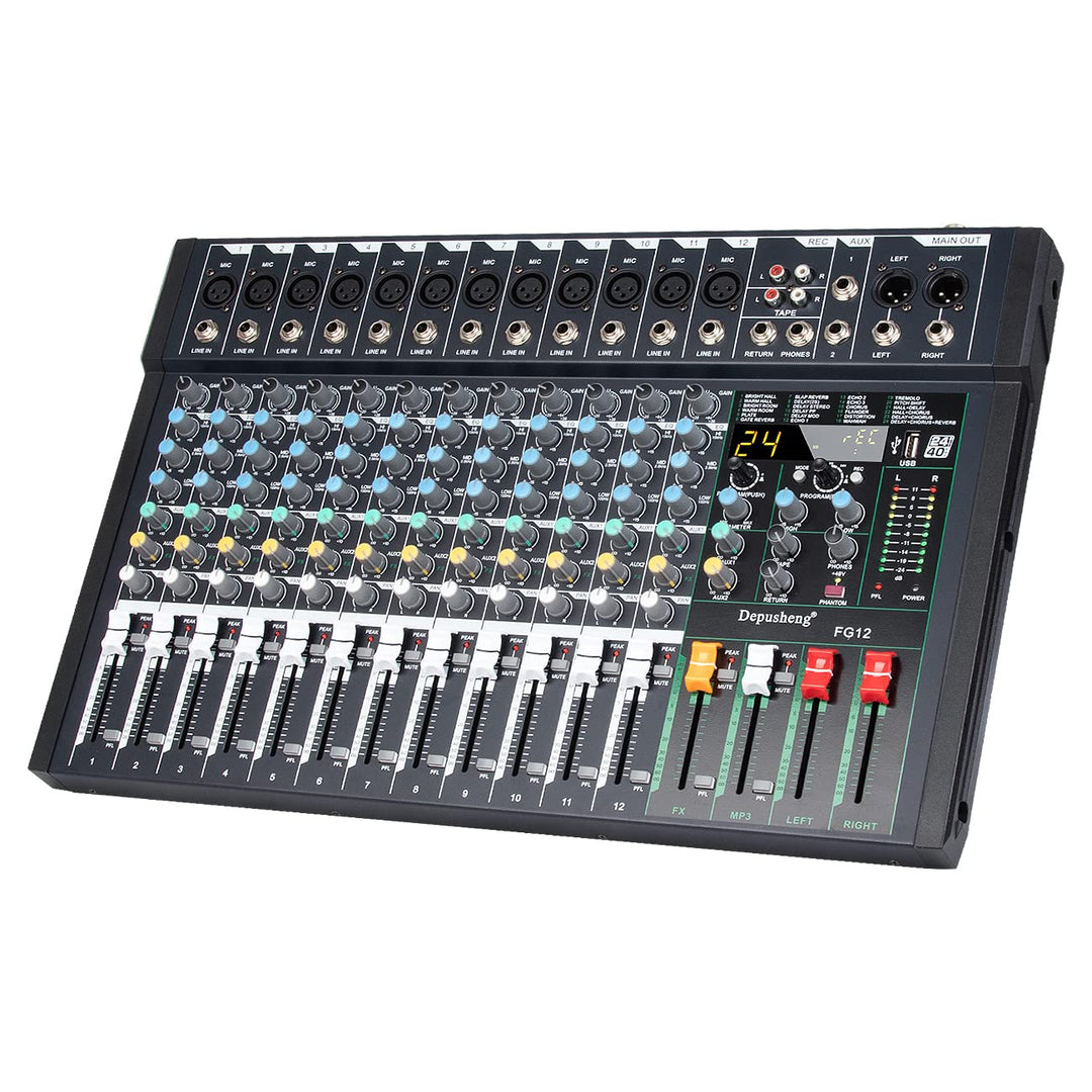 Depusheng FG12 Professioneller 12-Kanal-Audio-Mixer für Computeraufnahmen, Sound-Controller-Schnitts