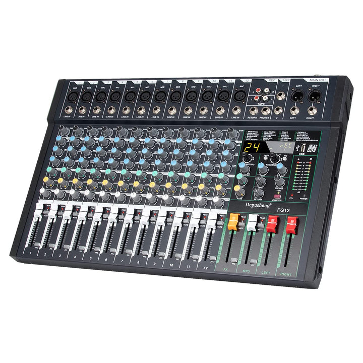 Depusheng FG12 Professioneller 12-Kanal-Audio-Mixer für Computeraufnahmen, Sound-Controller-Schnitts