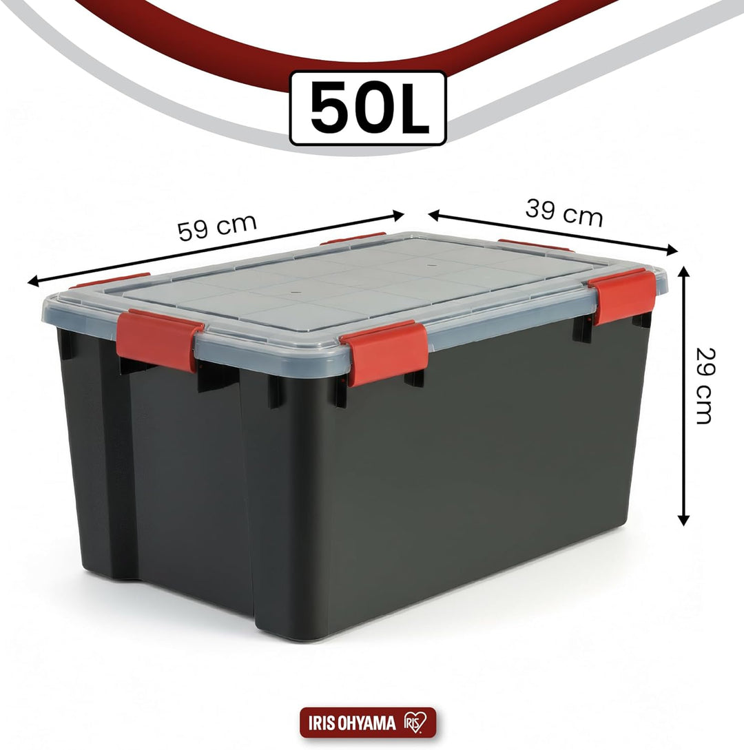 Iris Ohyama, 2er-Set luftdichte Aufbewahrungsboxen, 50 L, mit Clips, stapelbar, Garage, Keller, Dach