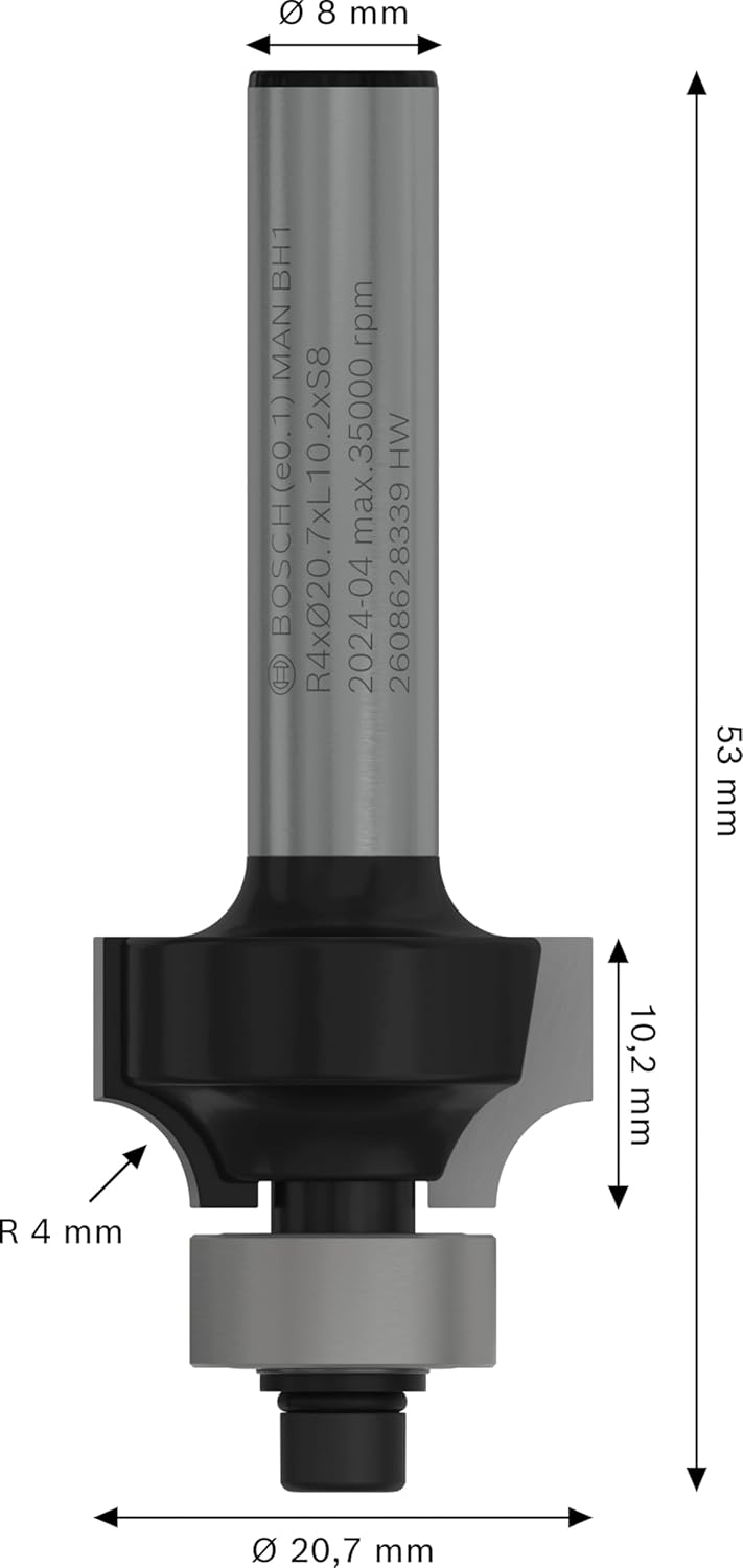 Bosch Professional Abrundfräser Standard for Wood (für Holz, Radius 4 mm, Arbeitslänge 12,7 mm, Zube