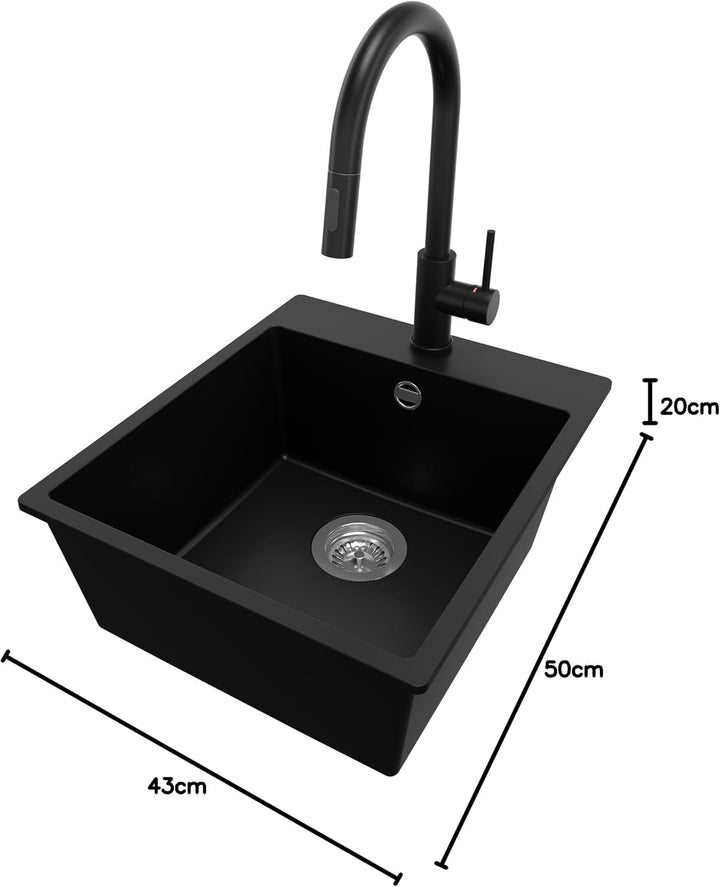 PRIMAGRAN Granitspüle Schwarz 43x50cm, Spülbecken 1 Becken + Küchenarmatur 40x20cm + Ablauf-Set, Küc