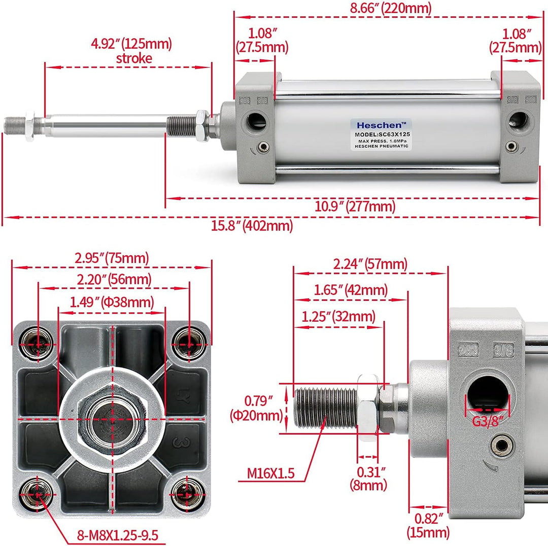 Heschen Pneumatischer Standard-Luftdruckzylinder, SC 63-125, PT3/8 Anschluss, 63mm Bohrung, 125mm Hu