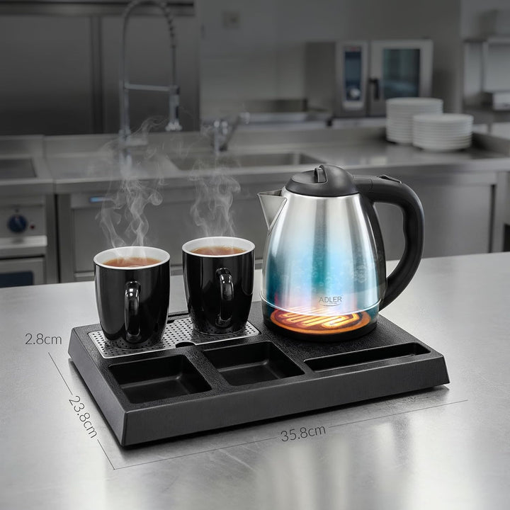 Adler Wasserkocher Set Edelstahl 1,2L mit Tablett & 2 Tassen | Kompakte Teestation & Kaffeebar für H