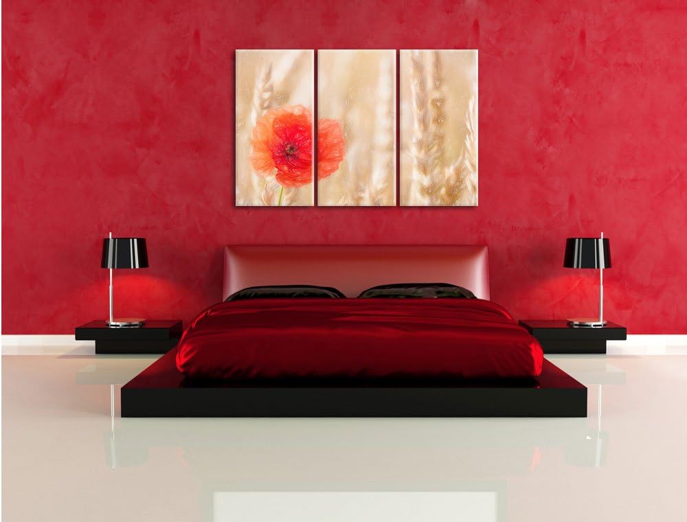 Pixxprint Mohnblume im Kornfeld als Leinwandbild/Grösse: 3 Teilig (120x80) cm/Wandbild/Kunstdruck/fe