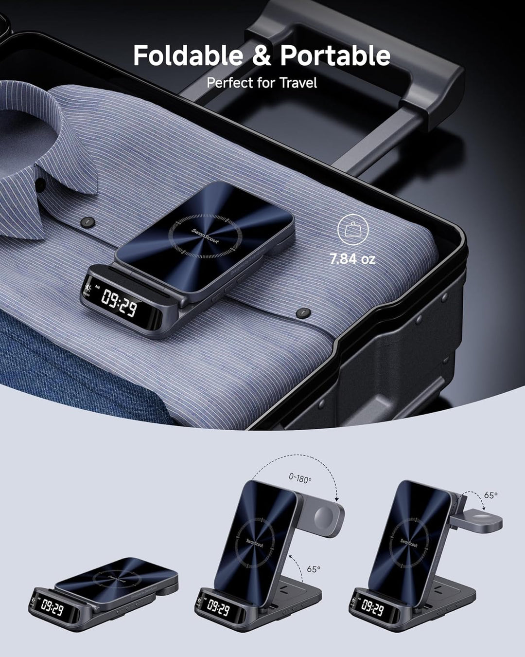 SwanScout Induktive Ladestation für iPhone, 3 in 1 Ladestation für iPhone 17/Air/16/15/14/13, Faltba
