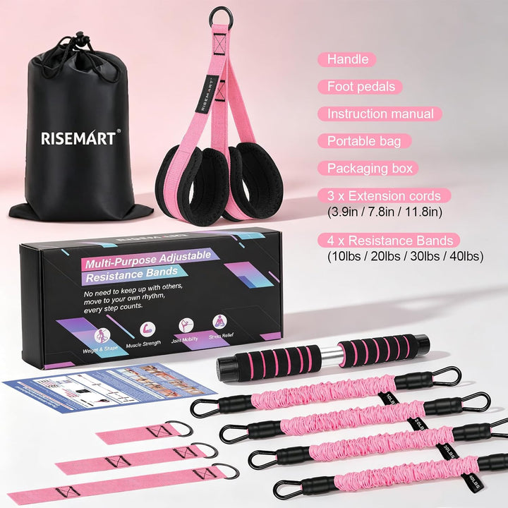 Bauchtrainer Band mit 4 Tubes, Verstellbares Widerstandsband mit Griff Rosa, Rosa