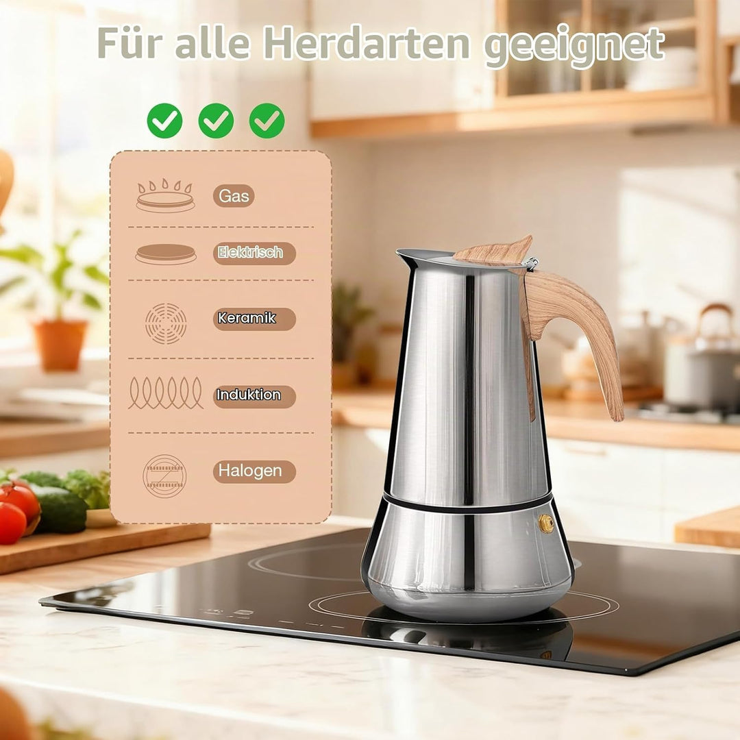 Romon Espressokocher, Edelstahl Mokkakanne 350ml Induktion, Geeignet für Alle Herdarten Gas, Elektro