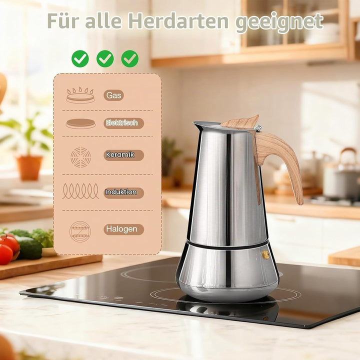 Romon Espressokocher, Edelstahl Mokkakanne 350ml Induktion, Geeignet für Alle Herdarten Gas, Elektro