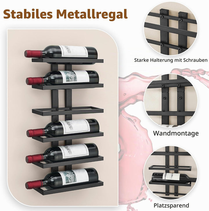 Hoctieon Weinregal Wand, Flaschenregal mit 6 Ebenen, Metall Weinregal Hängend Weinflaschenregale Sch