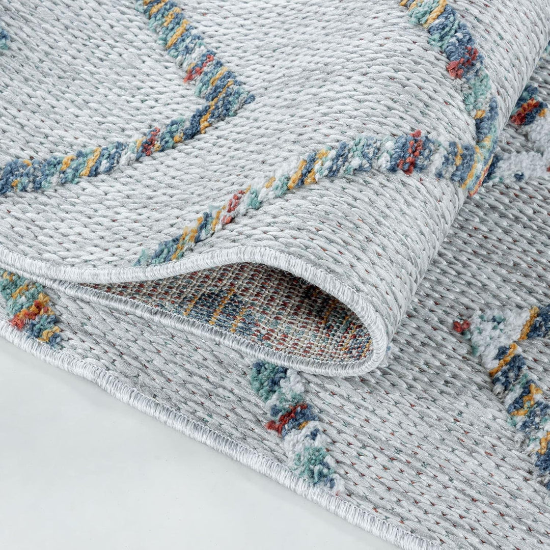 Carpetsale24 Outdoor Teppich Modern, Skandi Boho Ethno Muster 3D Optik, Rechteckig, Grau mit bunten