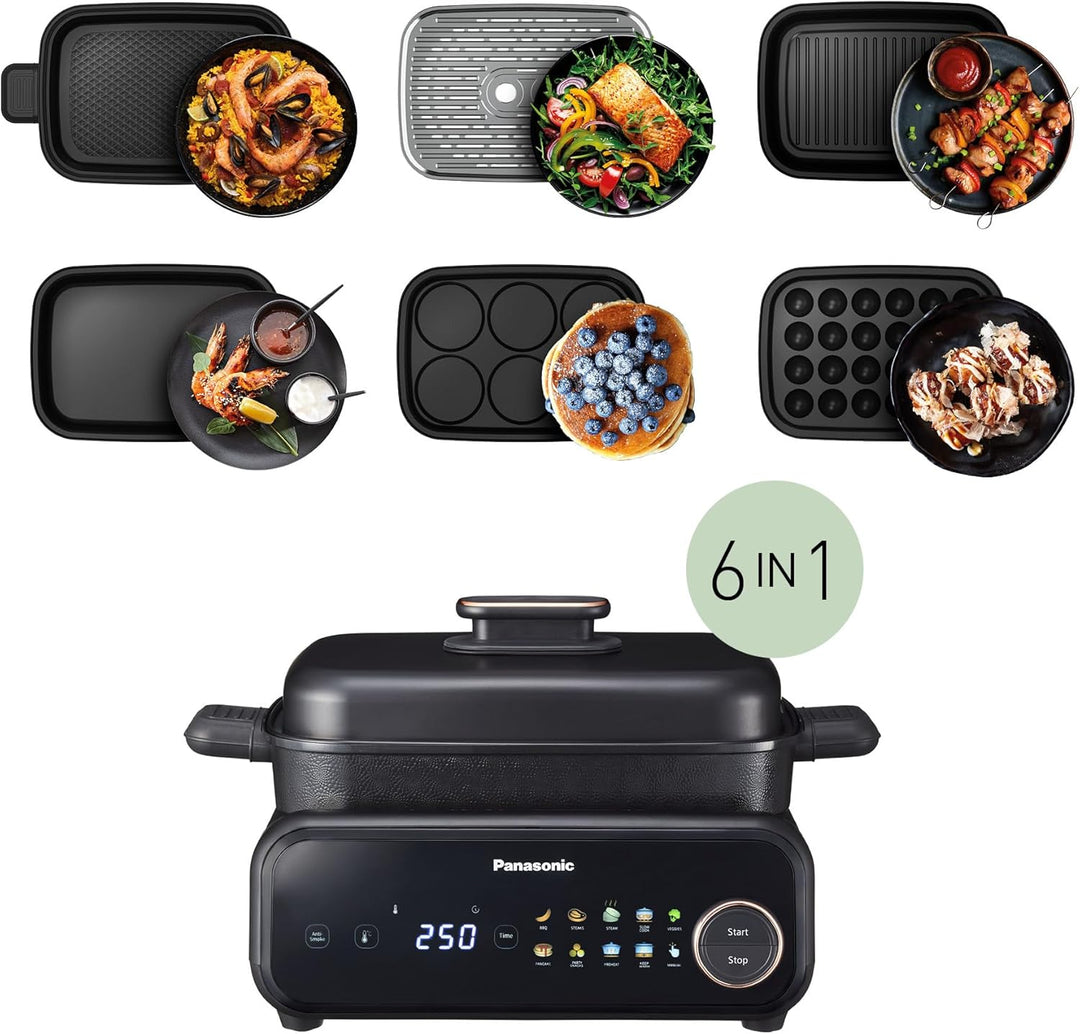 Panasonic NF-GM600 6-in-1 Elektro-Multikocher, Elektro Tischgrill, Plancha, Braten, Slow Cook, BBQ,