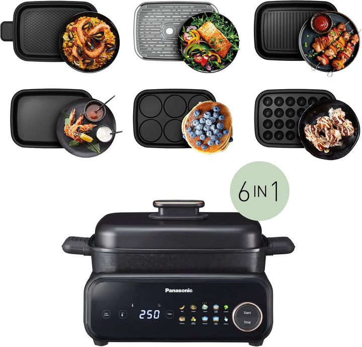 Panasonic NF-GM600 6-in-1 Elektro-Multikocher, Elektro Tischgrill, Plancha, Braten, Slow Cook, BBQ,