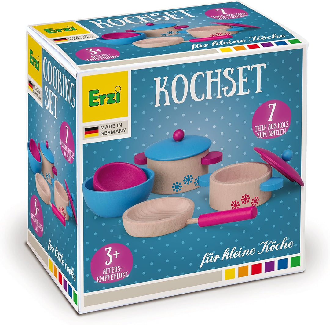 Erzi 10669 Kochset aus Holz, Kinderküche, Kaufladenartikel für Kinder, Rollenspiele