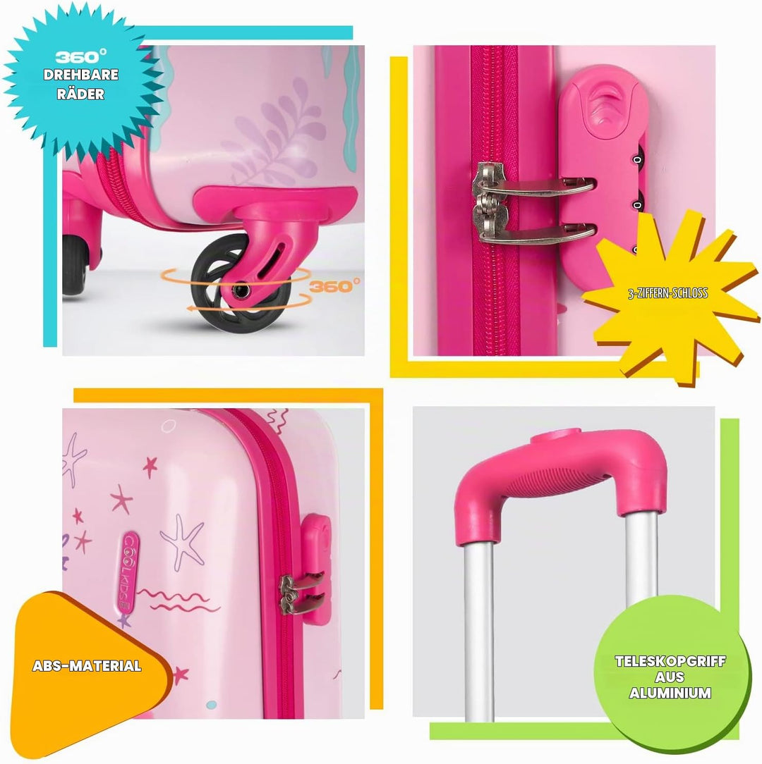 Meerjungrau Koffer Pink für Kleine Mädchen - Kinder Trolley Handgepäck 4 Rollen - Rosa Hartschalen C