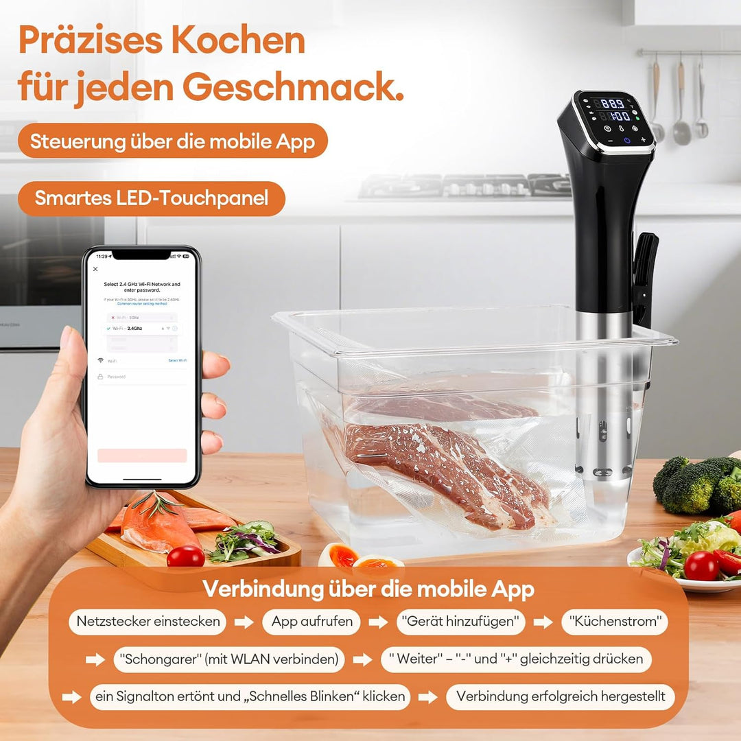 Obecilc 1100W Smart Sous-Vide-Garer mit WLAN-App, Umwälzthermostat ±0,1°C, 4D-Heizsystem, Temperatur
